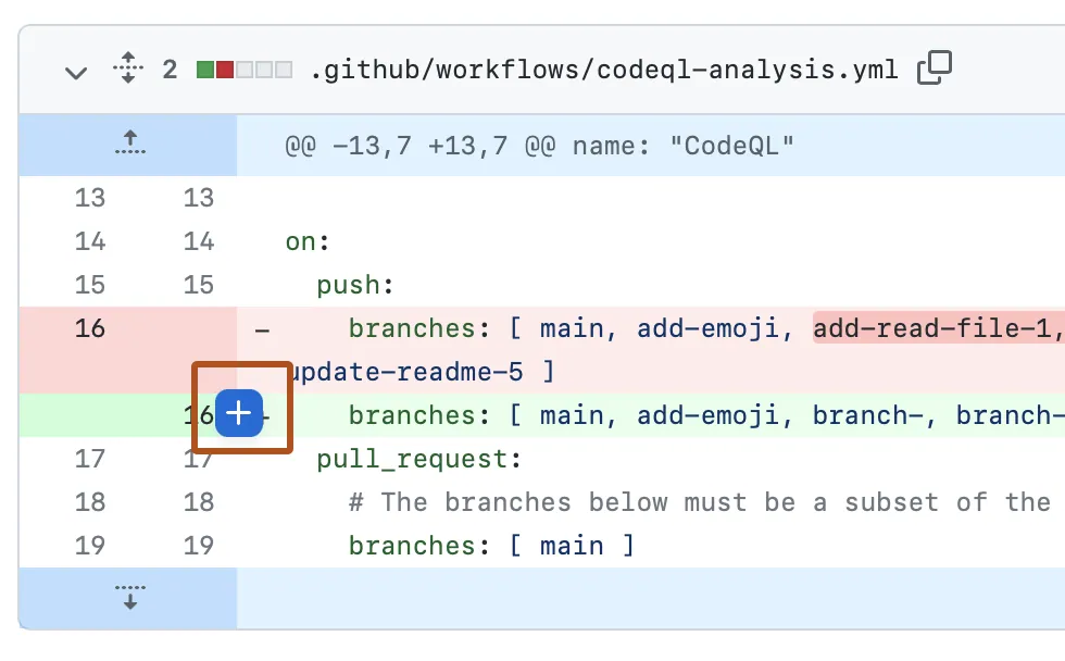 Captura de pantalla de un diff en un pull request. Junto a un número de línea, se resalta un icono azul de signo más con un contorno naranja